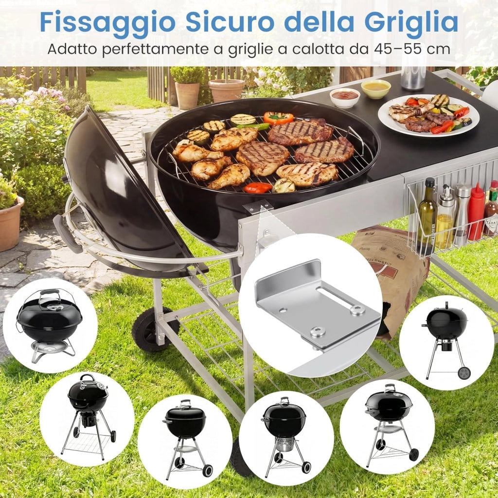 Carrello per Barbecue da Esterno, Tavolo Mobile per Barbecue con Ripiano a Rete, Porta Spezie, Portarotolo e Supporto per Sacchetti, Carrello da Cucina in Acciaio Inox, 141 x 62 x 80 cm