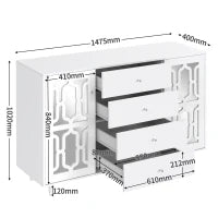 Credenza Specchiata con Maniglie a Cristallo,2 ante con ripiani mobili interni e 4 cassetti centrali,Bianco
