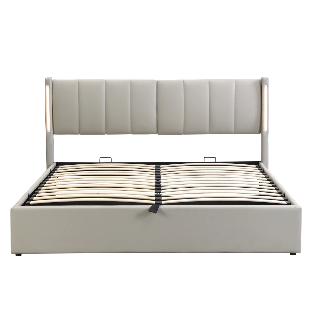 Letto imbottito grigio 140 x 190 cm con LED, USB e contenitore