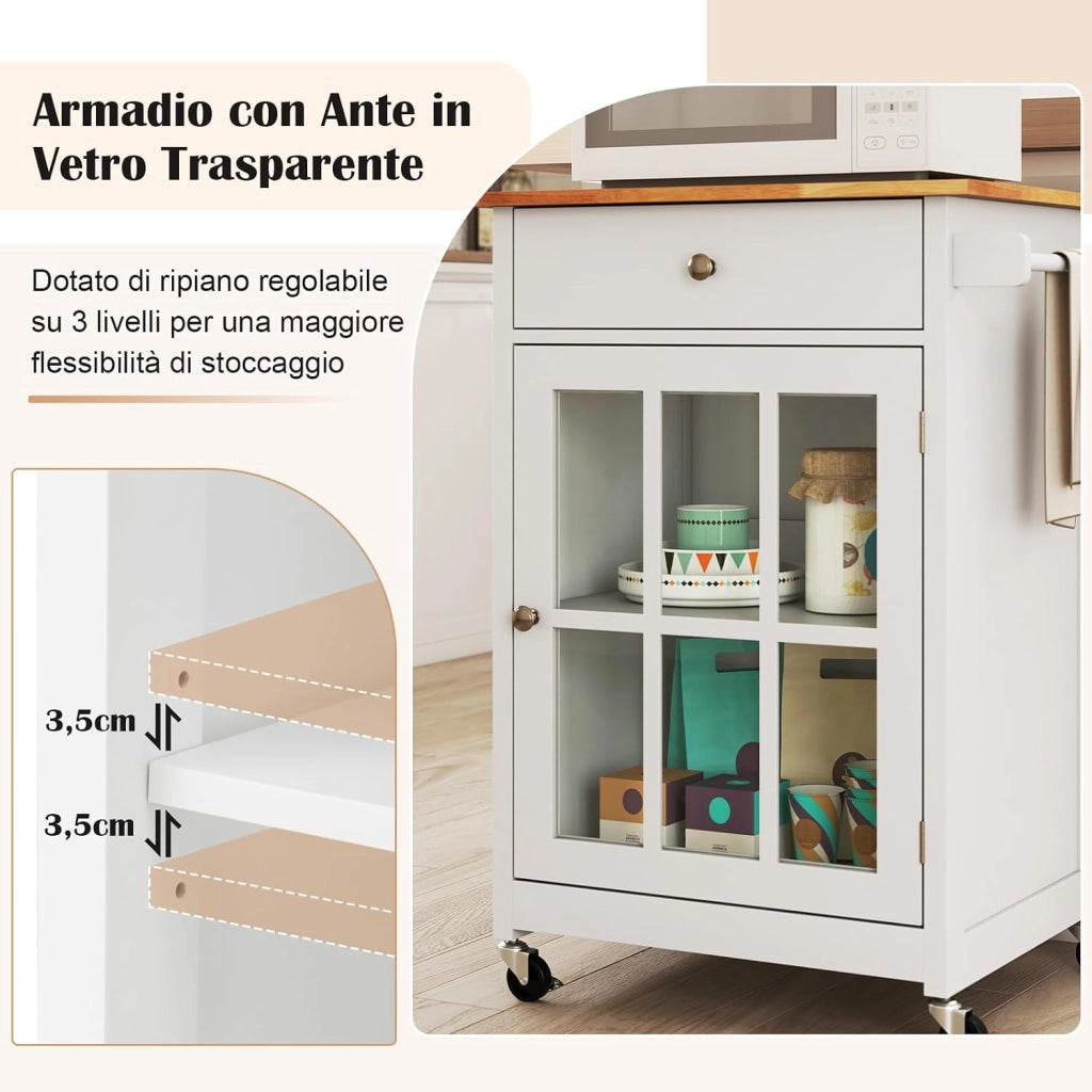 Carrello da Cucina, Armadietto Mobile con Piano in Legno di Gomma Ruote Bloccabili Cassetto e Porta Asciugamani, Carrello Isola da Cucina, 65x48,5x87,5 cm