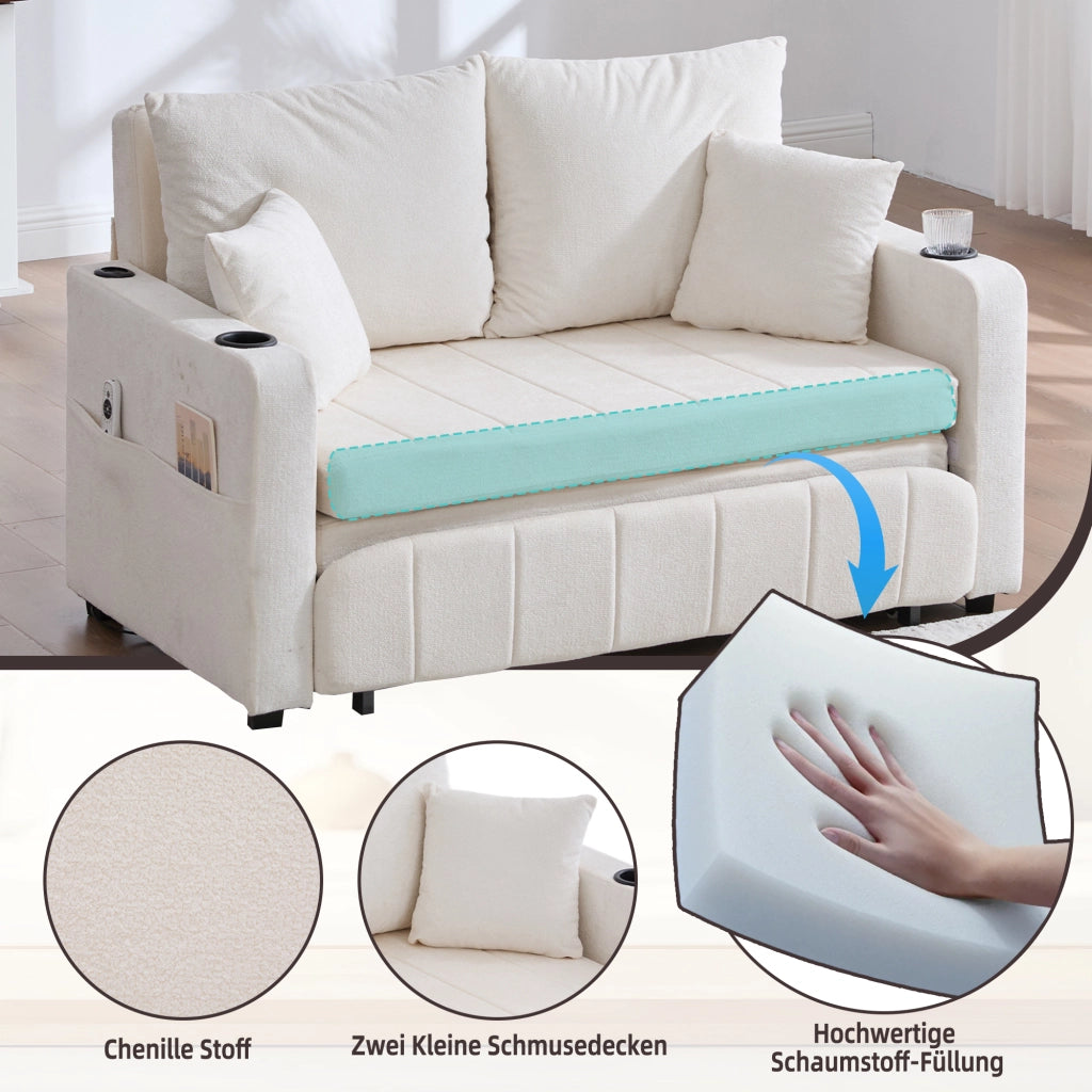 OKWISH Divano Letto 2 Posti, Funzione Letto con Tasca Laterale e Portabicchieri, Ciniglia, Beige, 139 x 83 x 58 cm