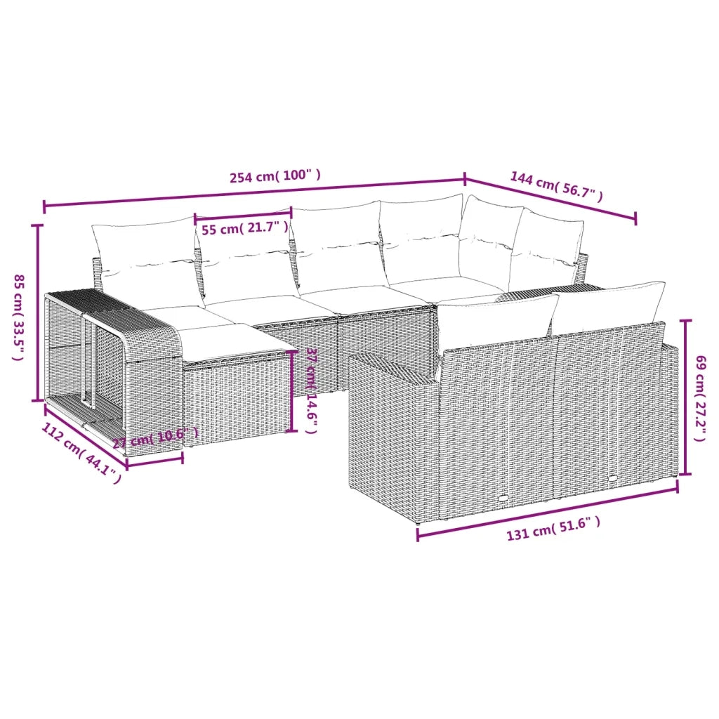 Set Divani da Giardino 10pz con Cuscini in Polyrattan Nero