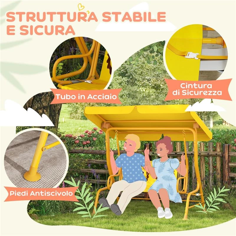 DONDOLO PER BAMBINI DA ESTERNO A 2 POSTI CON TETTUCCIO REGOLABILE E CINTURE DI SICUREZZA 112X75X120 CM GIALLO