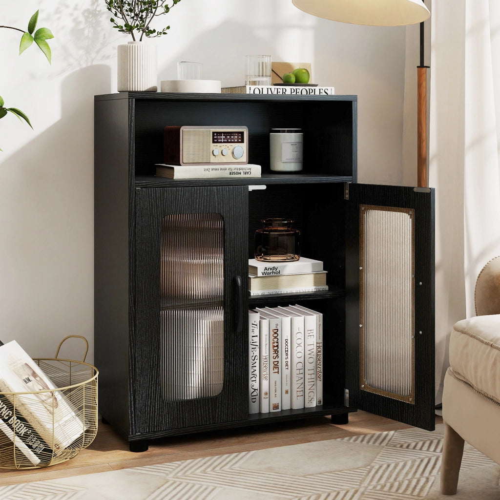 Mobiletto da bagno autoportante con 2 ante ripiano regolabile a 3 livelli scomparto aperto-Mobili da Bagno Organizer per bagno design anti Nero