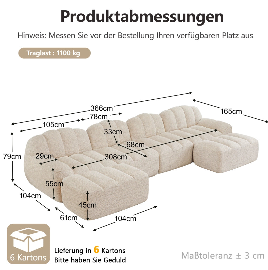 Divano modulare senza struttura a U; 4 posti; con 2 ottomani; in fleece granulato beige bianco