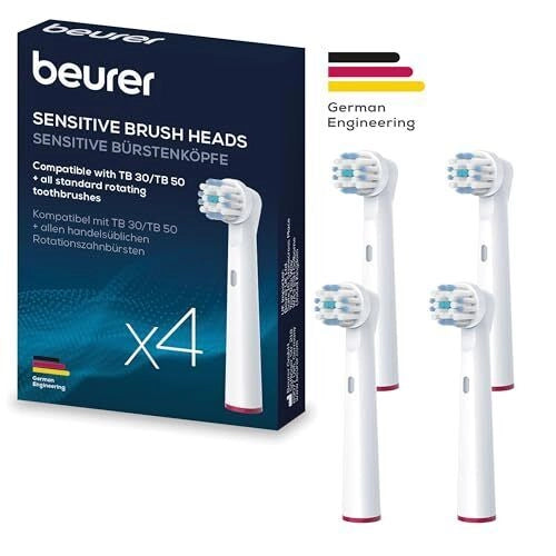 Beurer 10158 Clean - KIT_ 4 testine di ricambio Sensitive per spazzolini oscillanti-rotanti, compatibili con TB 30-TB 50, setole morbide per gengive sensibili, cappucci protettivi, anelli colorati, Bianco