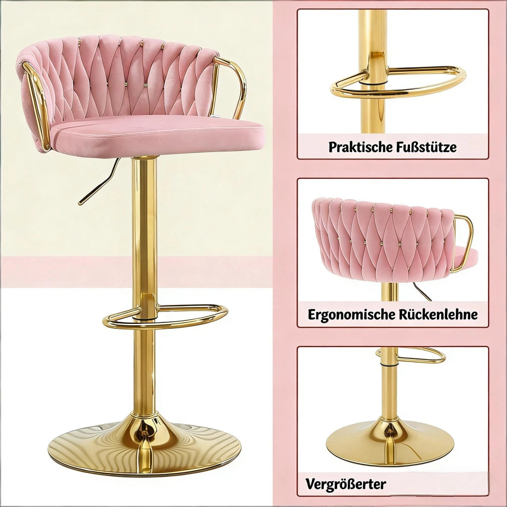 Sgabello bar girevole in velluto rosa con schienale, braccioli e altezza regolabile 77-98 cm