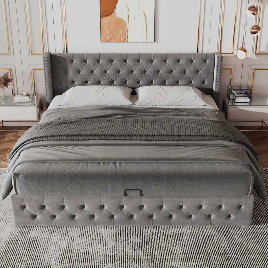Letto con contenitore 140x190cm - Xylo - Trapuntato meccanismo idraulico grigio