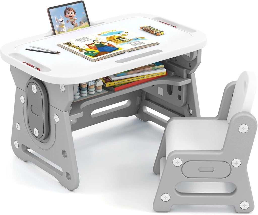 Set Tavolo e Sedia per Bambini 3+ Anni, Tavolo Regolabile in Altezza con Lavagna Inclinabile, Sedia Ergonomica, Supporto per Libri e Ripiano Concavo, per Disegnare e Leggere (Blu)