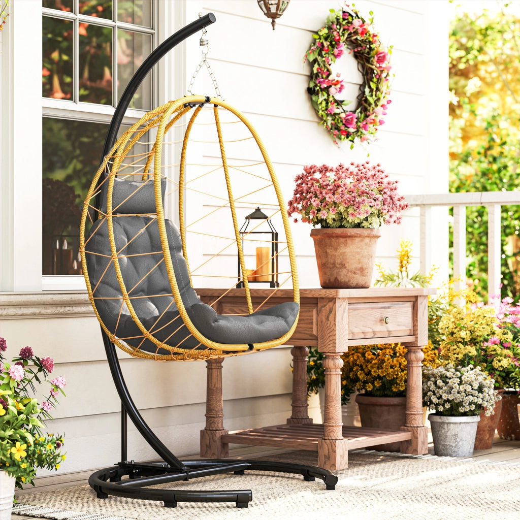 Poltrona Sospesa e Pieghevole con Cuscini, in Acciaio e Rattan PE, 102x102x195 cm, Nera Grigia e Beige