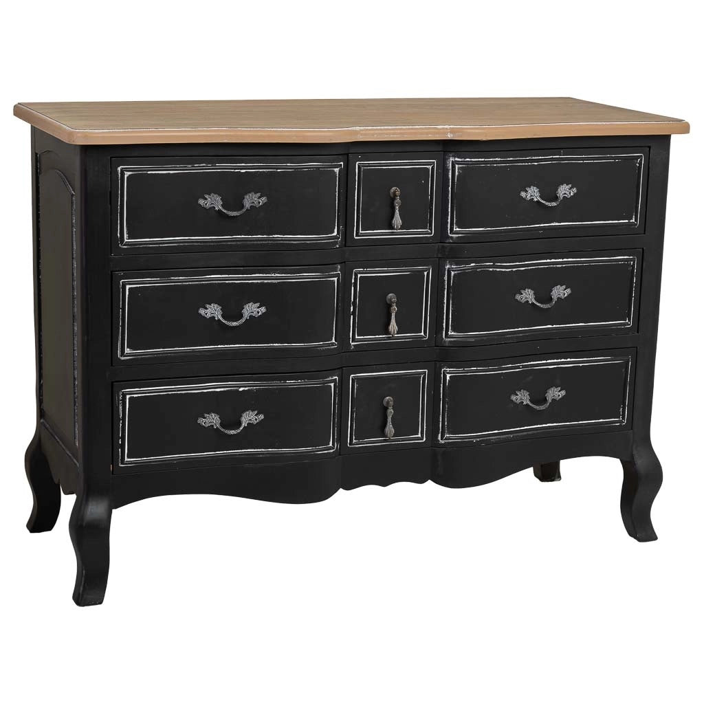 Comò in legno laccato nero invecchiato con 9 cassetti 120x51x84h cm