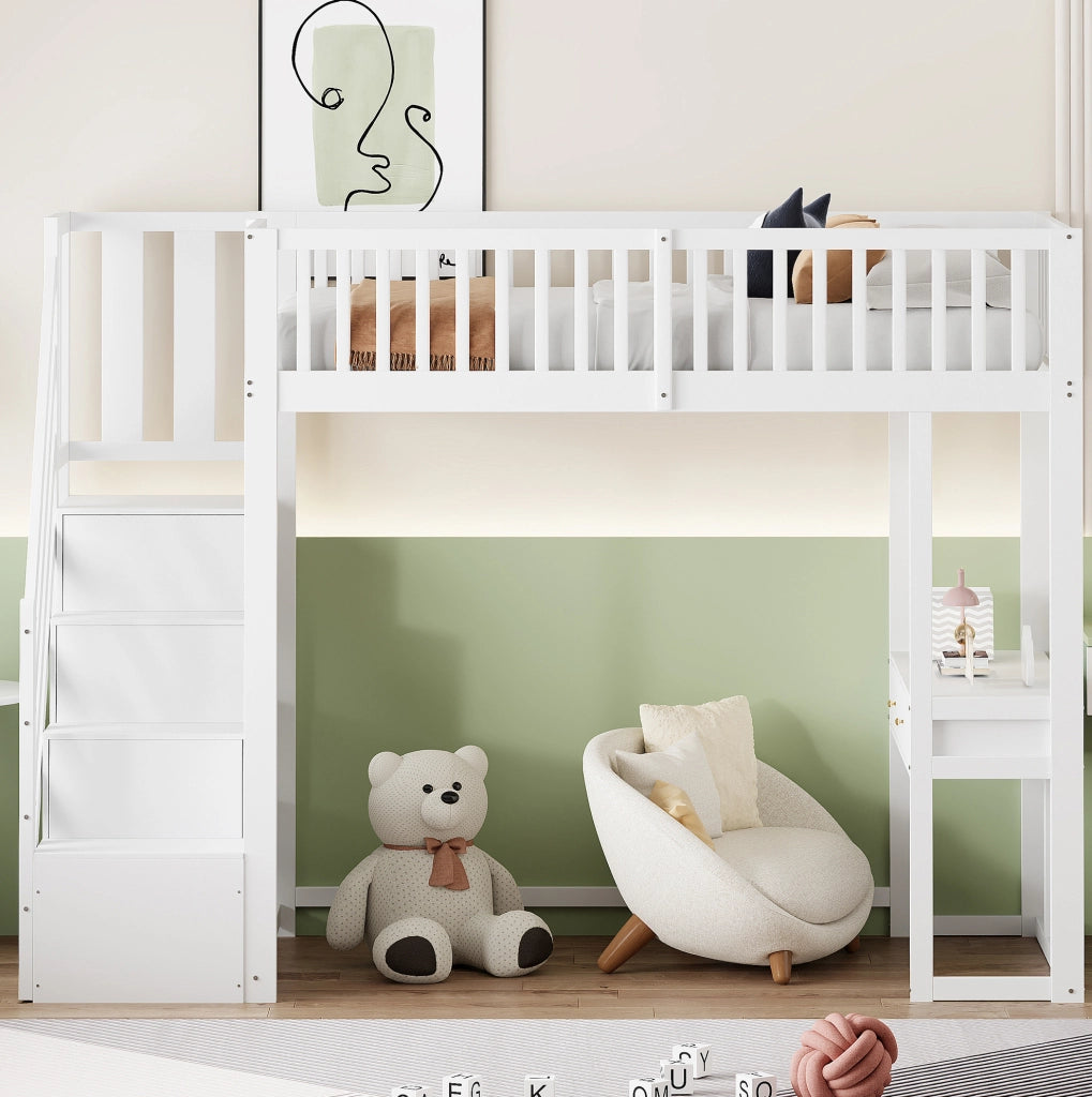 Letto a soppalco 90x200 cm con tavolo multifunzione e scala contenitore; in legno bianco