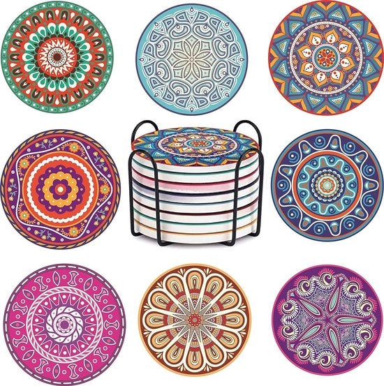 Set di 8 sottopiani, sottopiani assorbenti in ceramica, sottopiani rotondi con fondo di coccio per tazze e tazze, decorazione per casa e soggiorno. Set di 8 sottopiani.