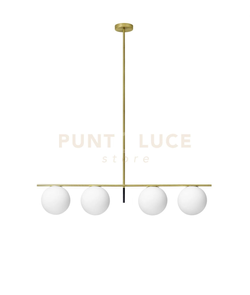 JUGEN SOSPENSIONE A 4 LUCI OTTONE ATTACCO E27 SFERA BIANCO OPACO D. VETRO 20CM