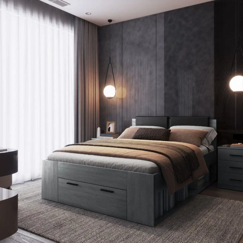 Letto adulto 140x200 con doghe e cassetti integrati - Collezione FLOYD. Colore grigio effetto legno.