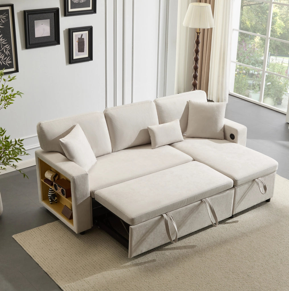 Divano letto angolare beige con USB, contenitore e 3 cuscini