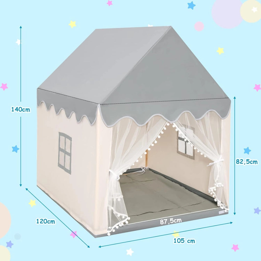 Tenda da Gioco per Bambini, Casetta per Bambini con Struttura in Solido Legno, Tappetino di Cotone, Tenda a Rete e Finestre, 105x120x140 cm (grigio e beige)