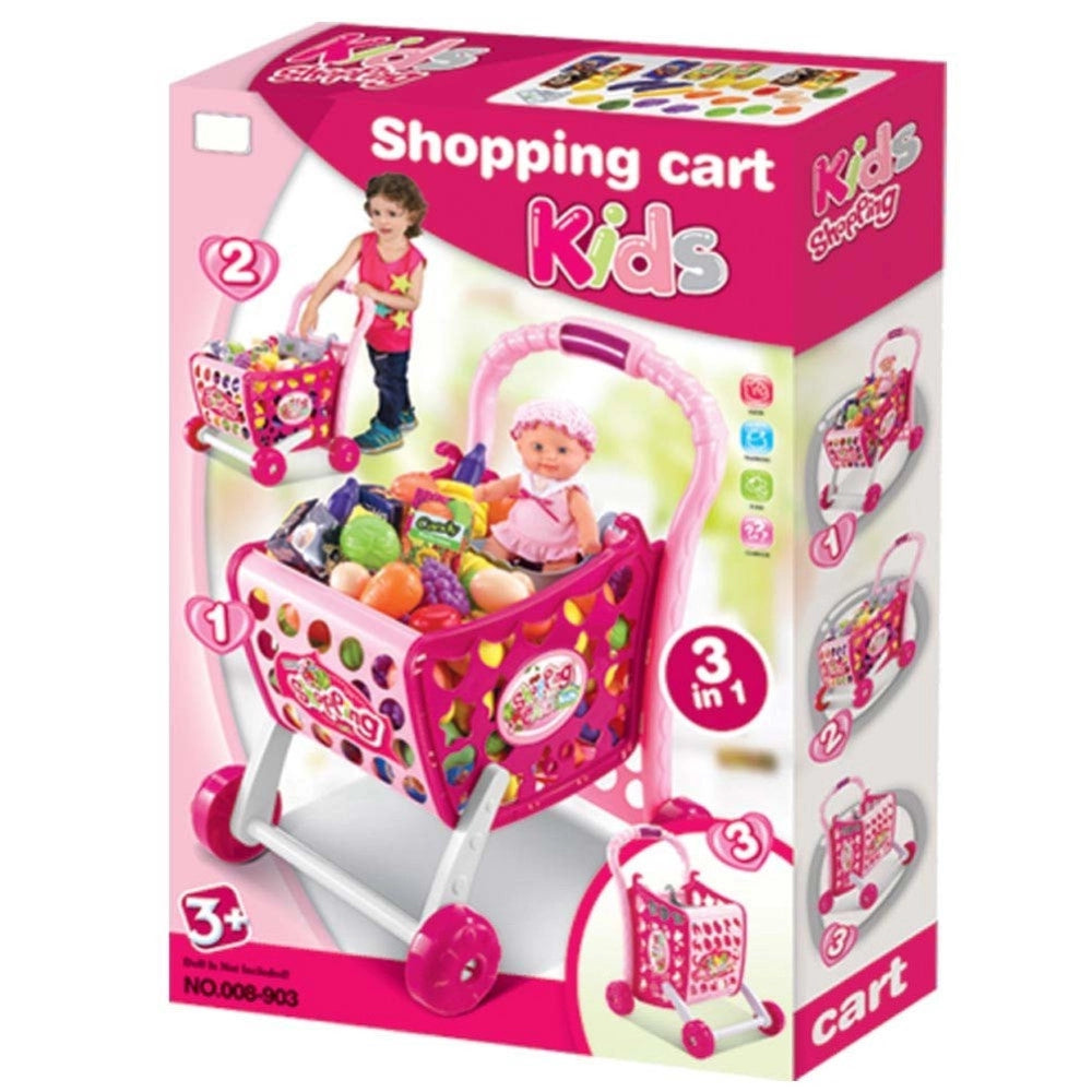 Trade Shop - Carrello Spesa Supermarket Per Bambini Rosa Azzurro Con Frutta E Verdura 3in1 -