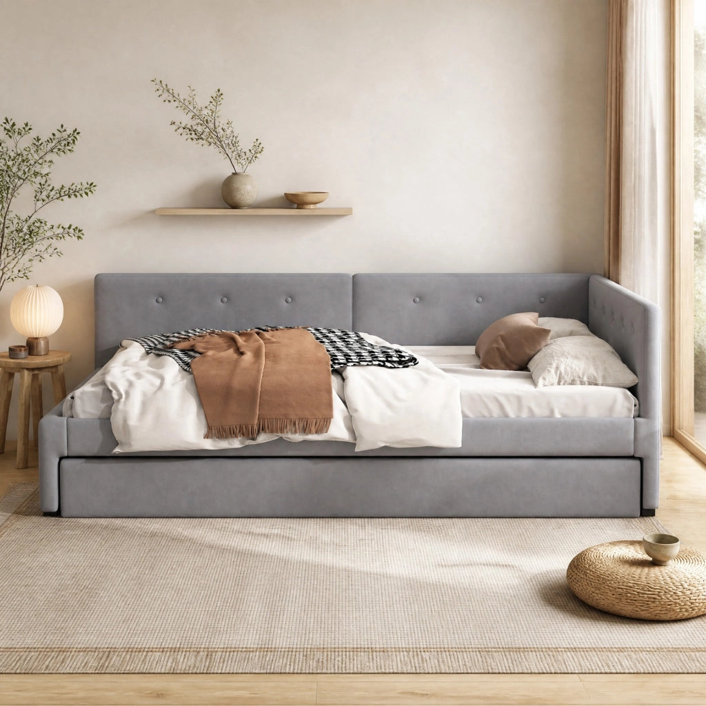 Letto singolo 90x200 cm con letto estraibile, in velluto grigio, senza materasso