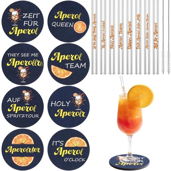 Accessori per la Tavola Aperol Spritz, Set di 16 Stuks, Sostegni di Velluto Aperol e Rietti di Aperol Riciclabili con 2 Spazzole di Pulizia