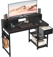 Scrivania Con Cassetti E Ripiano Reversibile, Scrivania Per Computer Con Contenitore, Supporto Per Monitor, Foro Per Cavi, 2 Ripiani Regolabili E Cassetto Inferiore, 120 X 50 Cm, Nero