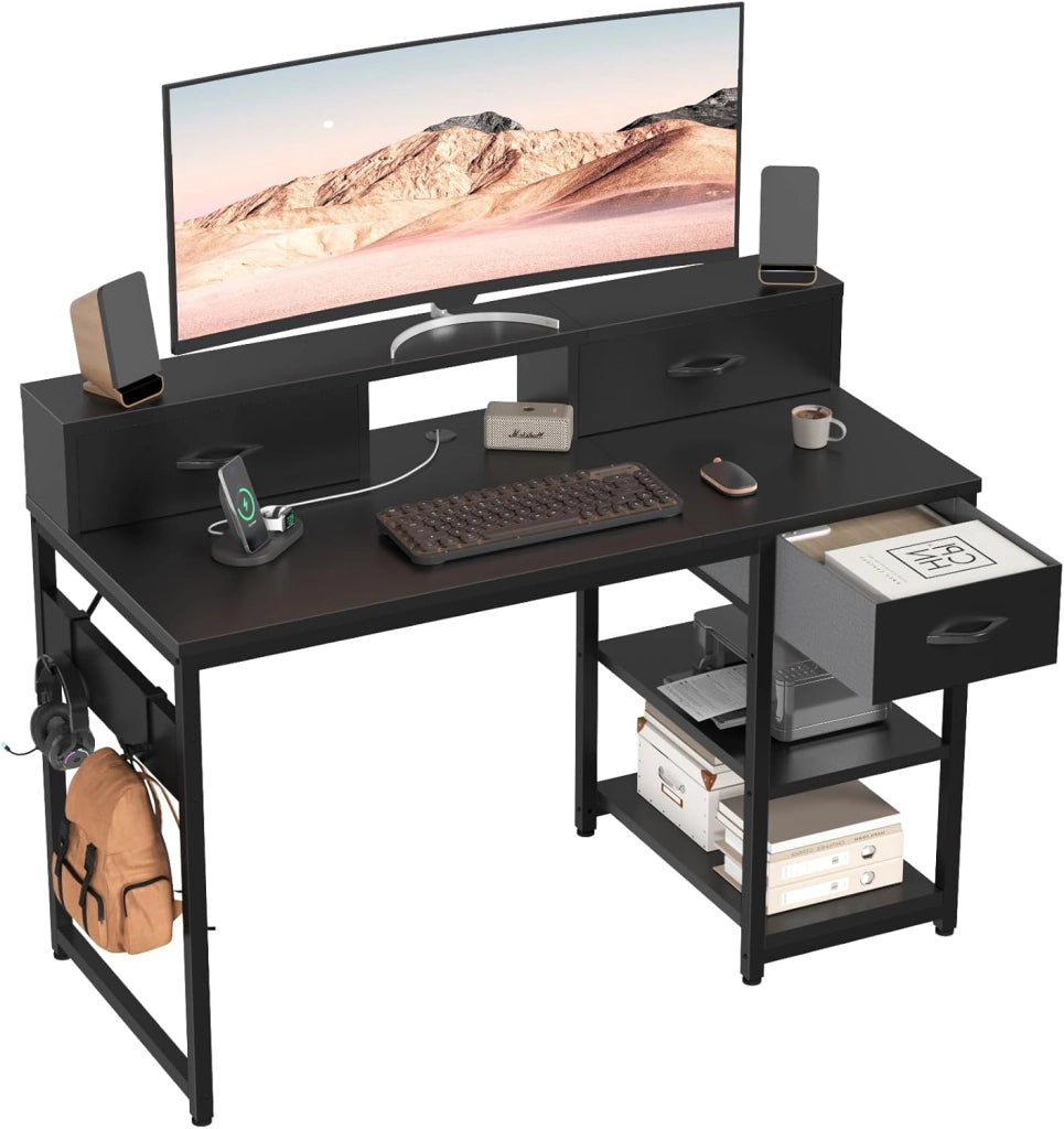 Scrivania Con Cassetti E Ripiano Reversibile, Scrivania Per Computer Con Contenitore, Supporto Per Monitor, Foro Per Cavi, 2 Ripiani Regolabili E Cassetto Inferiore, 120 X 50 Cm, Nero