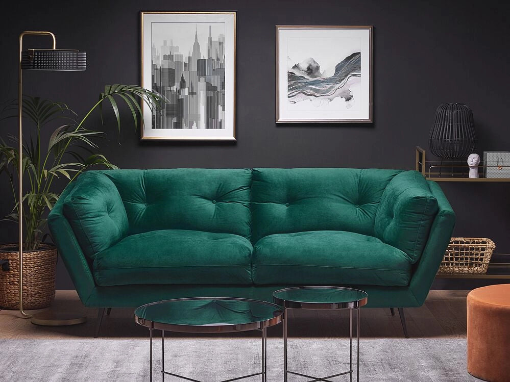 Divano Gambe in Metallo Velluto Verde Scuro 210 x 90 cm con Cuscini Retro