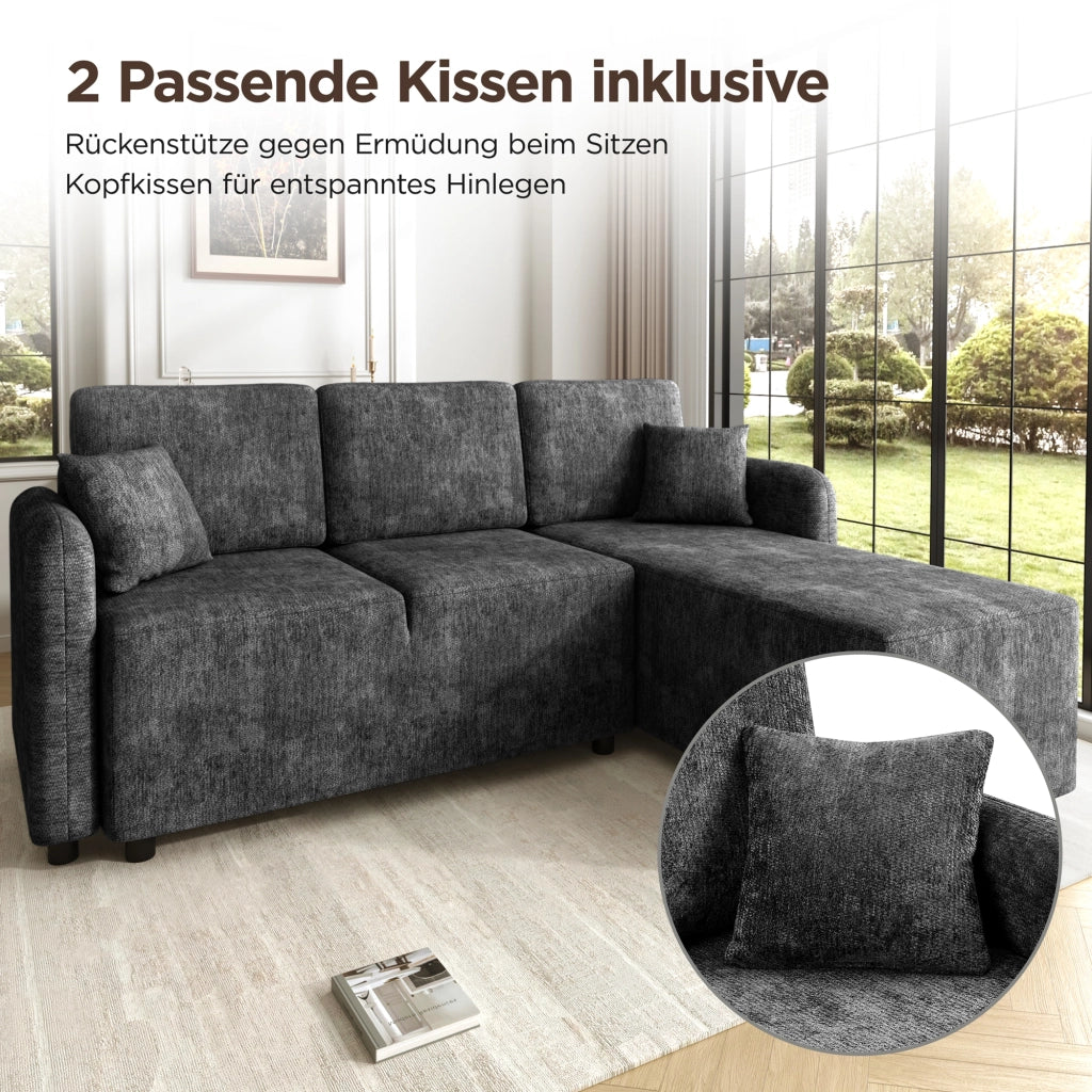 DIVANO 3 POSTI L con zona relax, Chenille nero, 2 cuscini inclusi