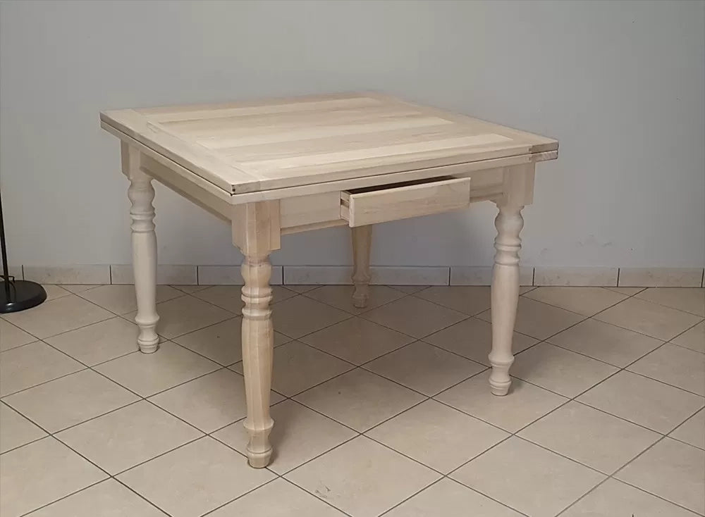 Tavolo quadrato allungabile a libro in legno massello grezzo 100x100x80 - Mobili 2G
