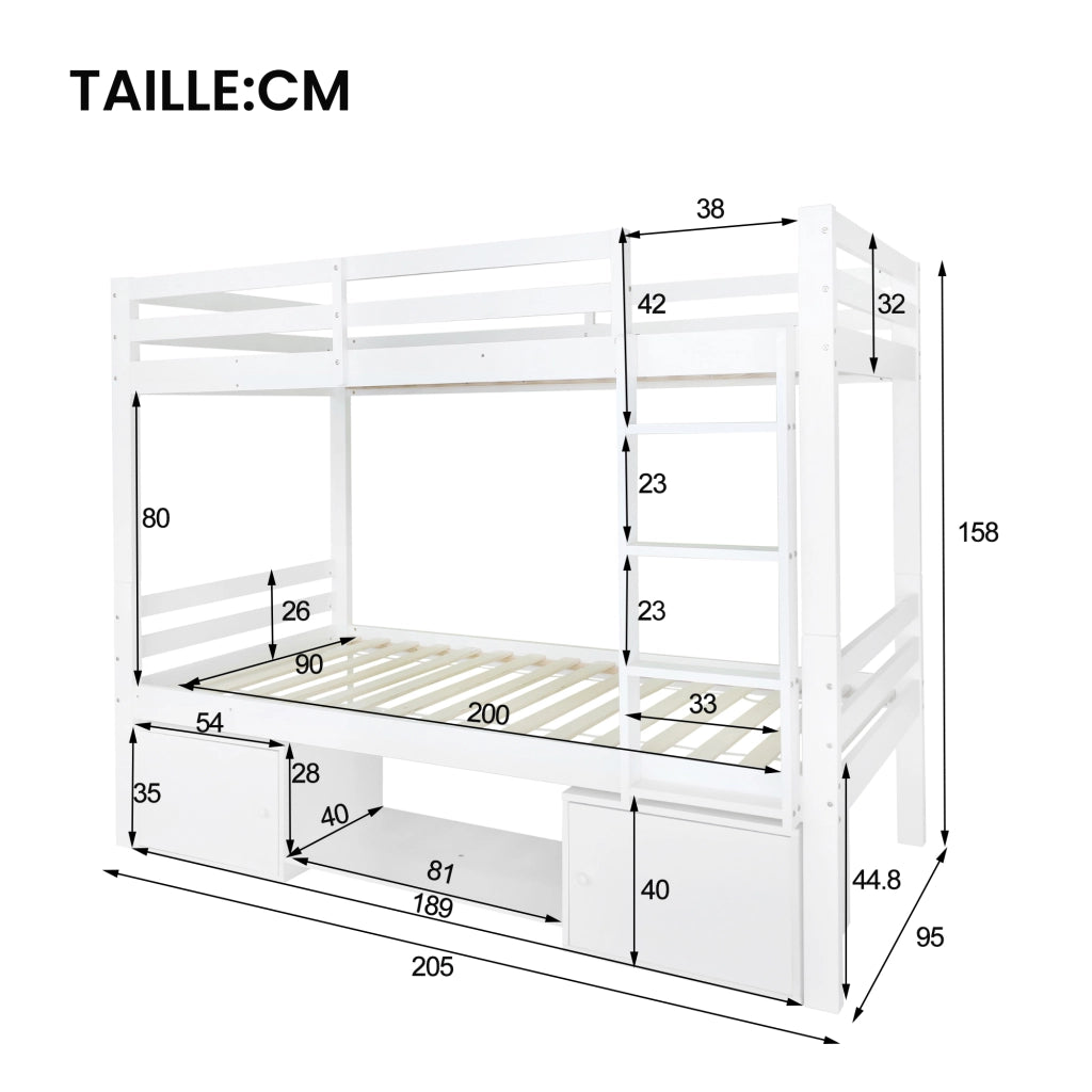 Letto a Castello 90x200 cm - con Scaffale; Armadio; in Legno Massello e MDF - Bianco