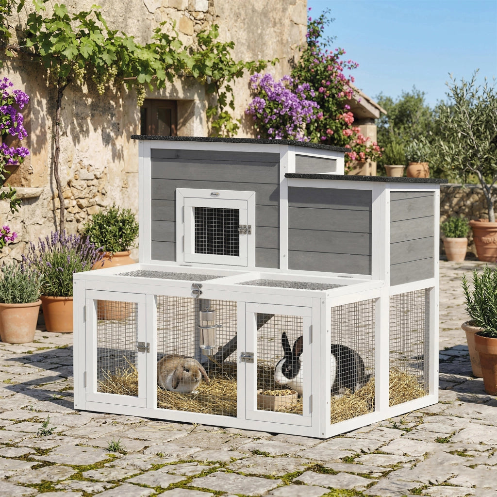 Casetta per Conigli Esterno in Legno 2 Livelli con Recinto Grigio ¨C zephmum