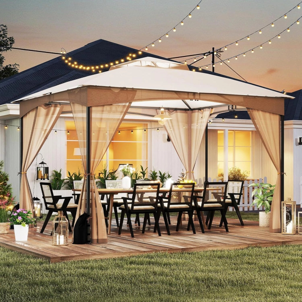 Gazebo da Giardino 3 x 3,6 m, Gazebo con Zanzariera a Doppia Copertura con Sacchetti di Sabbia e Picchetti a Terra, Tenda Impermeabile con Struttura in Metallo per Prato (Kaki)