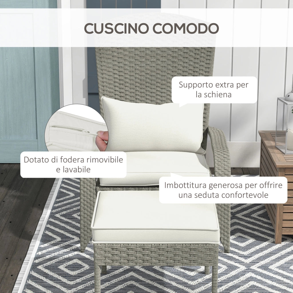Sedia da Giardino con Poggiapiedi e Cuscini ¨C zephmum ¨C Rattan, Acciaio, Grigio e Crema, 64x82x89 cm