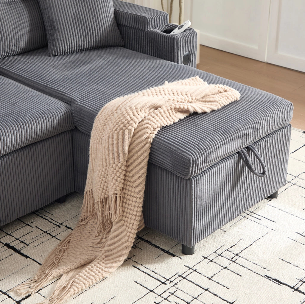 Divano 3 posti componibile con chaise longue e letto estraibile; in corduroy grigio carbon; 212;5 cm