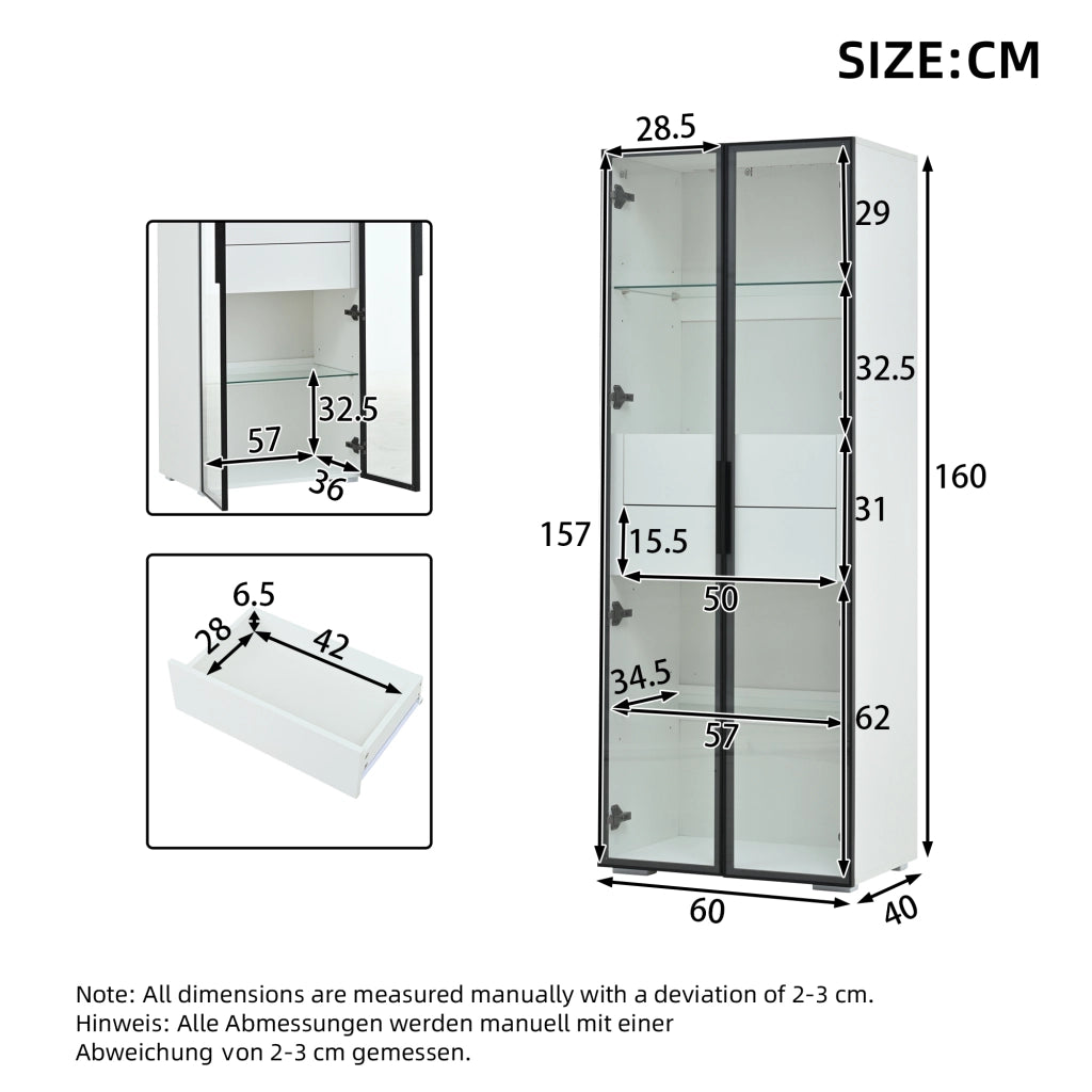 Vetrina con LED, 1 anta in vetro temprato e 2 cassetti, ripiani regolabili, in MDF e vetro, bianco, 60 × 40 × 160 cm