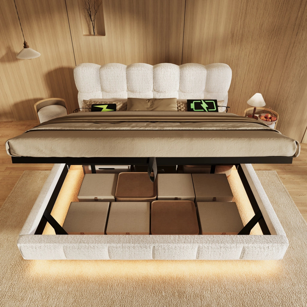 Letto matrimoniale imbottito beige 140x190 cm con sollevamento idraulico; LED e prese USB Type-C
