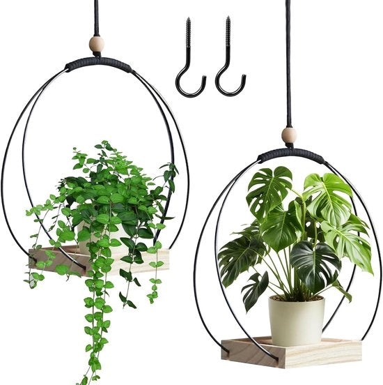 Sospensioni per piante - 2 pezzi - anello metallico con base in legno - sospensione per piante - vaso da fiori appeso - sospensione per piante - sospensione per piante - supporto per piante - per interni