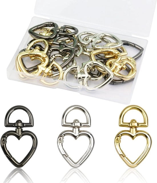 15 Set di Chiavi a forma di Cuore con Gancio a Carabiner Rotativo per Borse e Creazione di Collane Artigianali
