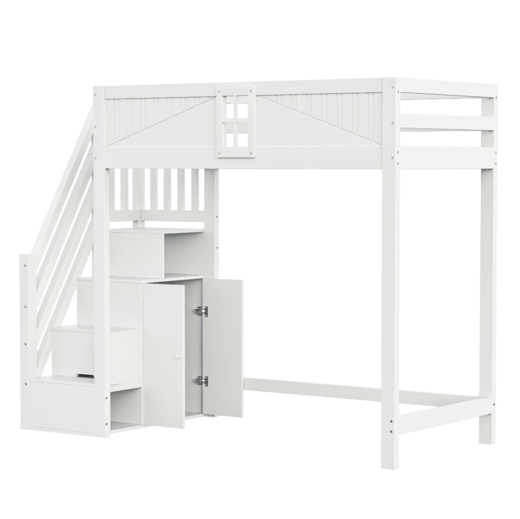 Letto a soppalco 90x200 cm con scala reversibile e vani portaoggetti in legno bianco