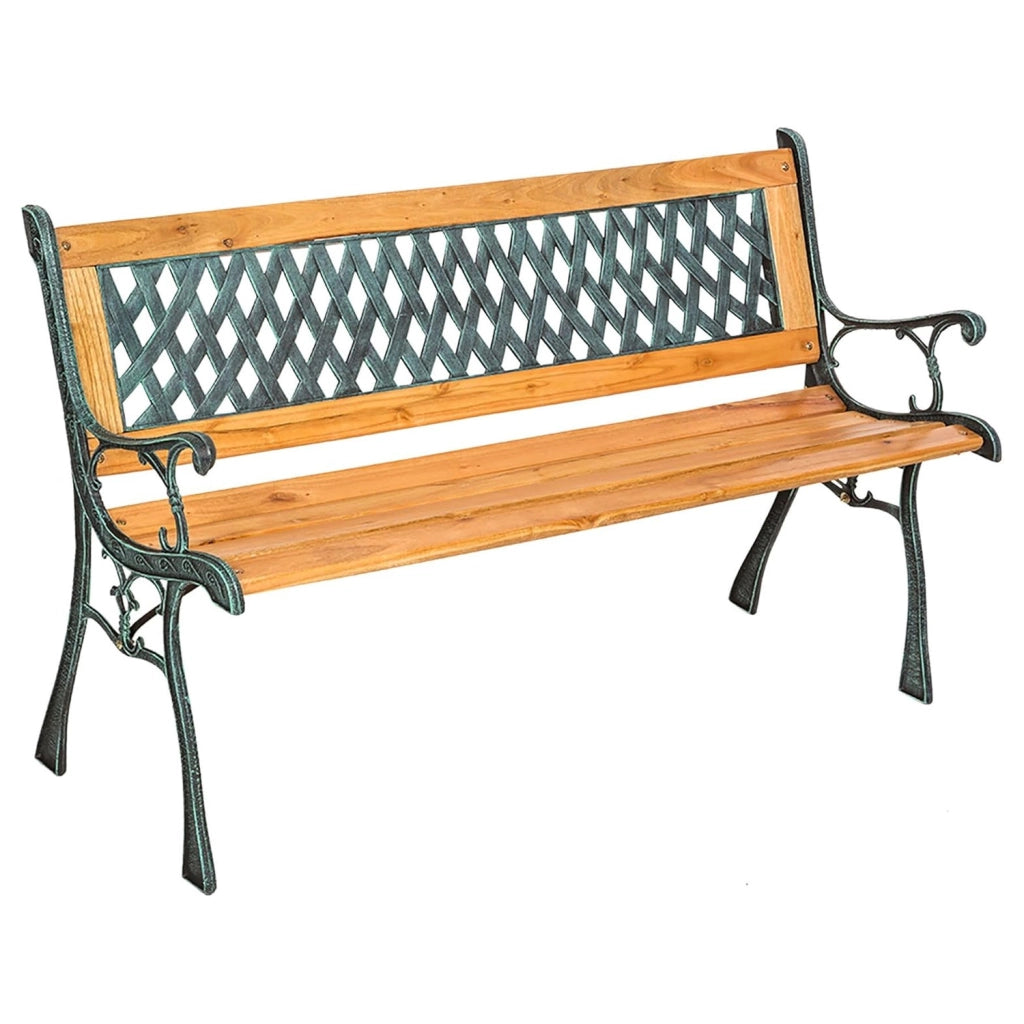 Panchina Da Giardino 2 Posti In Legno E Ghisa Panca Design Vintage Elegante Con Schienale A Traliccio Resistente E Compatta Ideale Per Terrazzo Balcone Giardino 128 x 51 x 73 Cm
