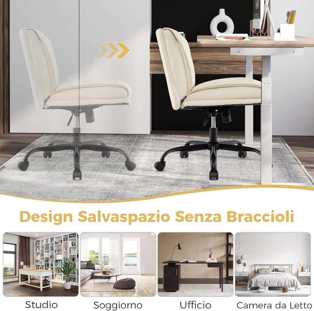 Sedia Ufficio con Ruote, Sedia da Scrivania Senza Braccioli con Schienale e Sedile Ampi, Altezza Regolabile, Meccanismo a Gas, Girevole a 360°, Portata 150 kg