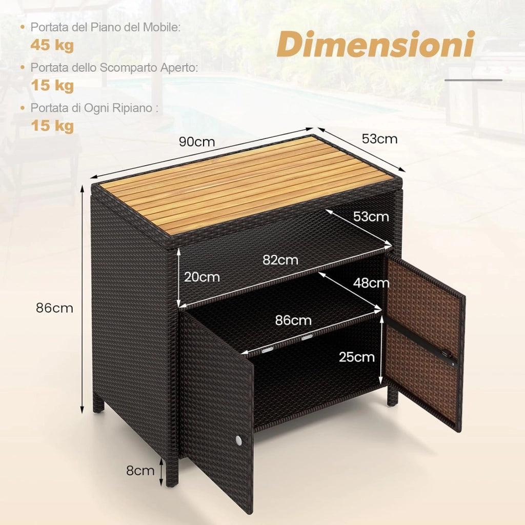 Armadietto Portaoggetti in Rattan, Mobile Buffet per Esterni in Legno di Acacia, Con Compartimento Aperto e Armadio Chiuso a 2 Ante, per Piscina, Terrazza e Patio, 90 x 53 x 86 cm (Marrone)