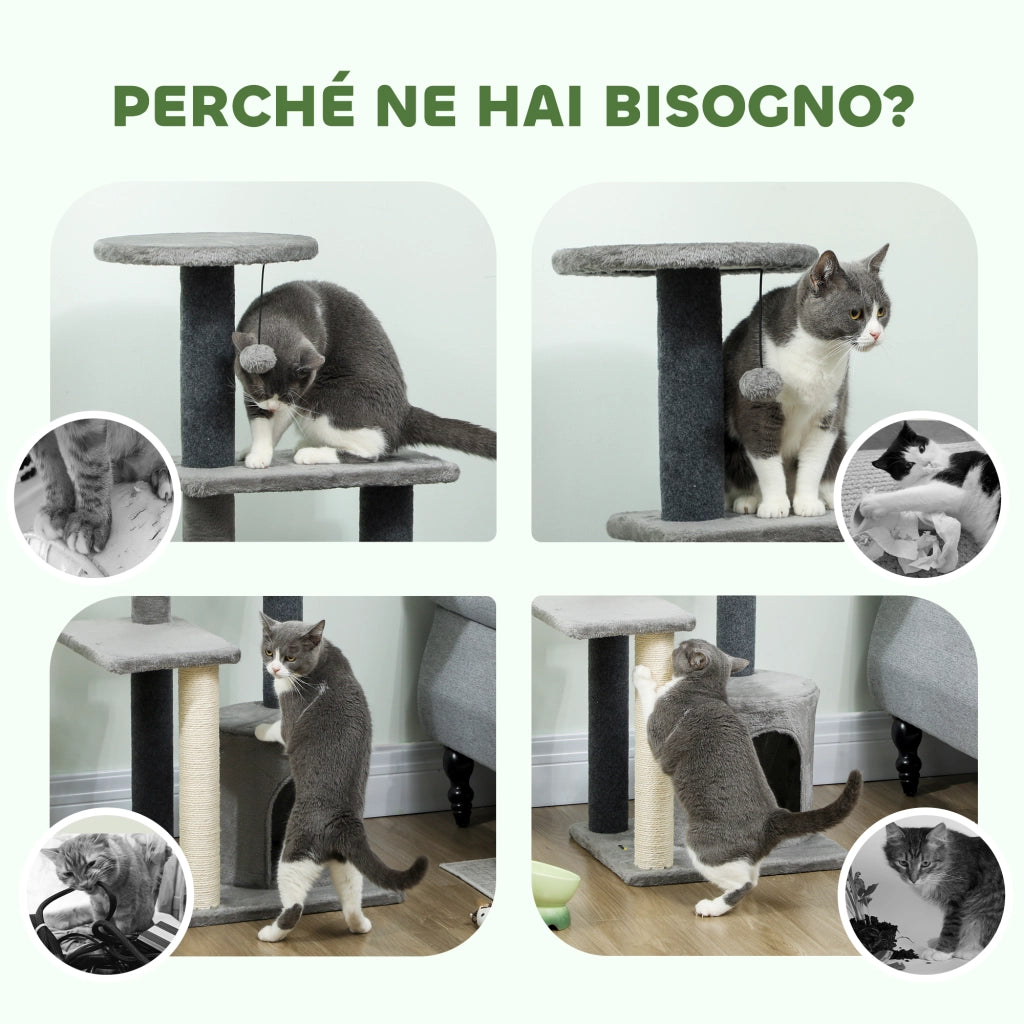 Albero per Gatti Multilivello con Tiragraffi Sisal e Casetta ¨C Zephmum ¨C Grigio 103 cm