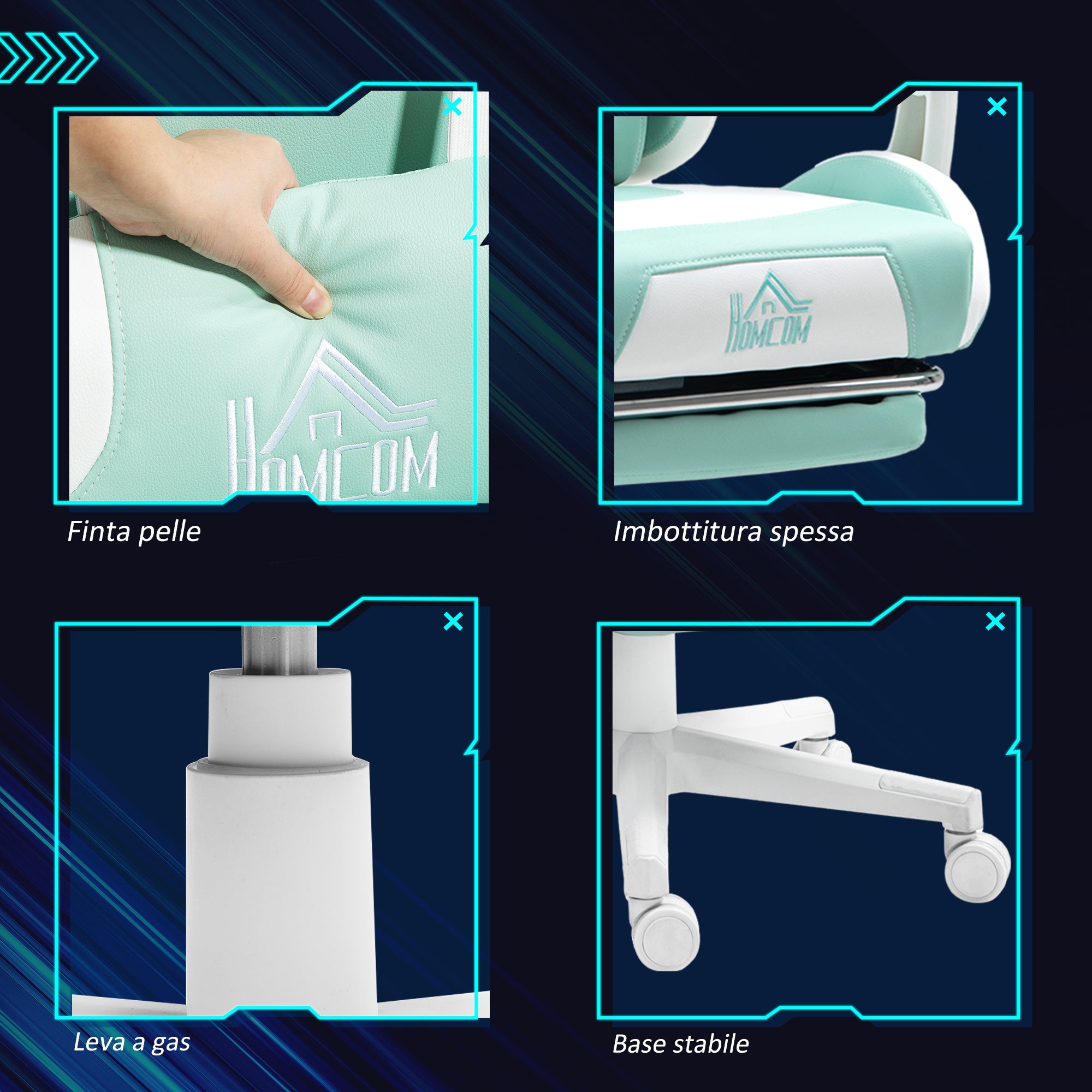 Sedia da Gaming Ergonomica con Orecchie da Gatto Poggiapiedi Retrattile e Schienale Reclinabile 135° Bianco e Azzurro