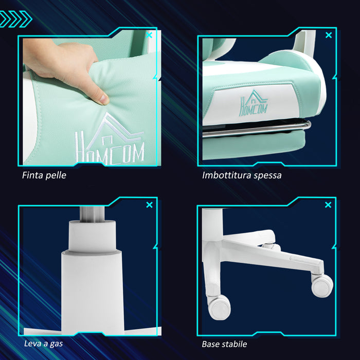 Sedia da Gaming Ergonomica con Orecchie da Gatto Poggiapiedi Retrattile e Schienale Reclinabile 135° Bianco e Azzurro