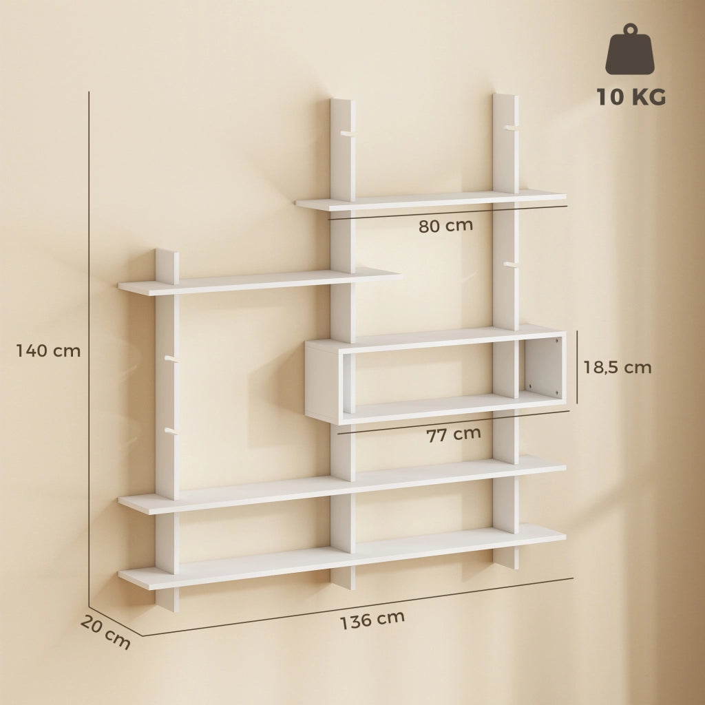 Libreria da Parete Geometrica con 4 Ripiani e Cella Centrale 136x20x140 cm Bianca