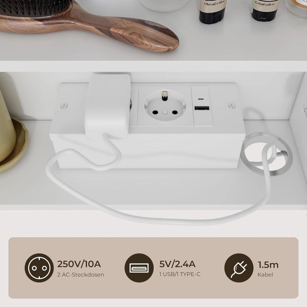 Armadio da bagno da, con specchio e illuminazione a LED, dimmerabile, con sensore di contatto, presa elettrica, ripiani regolabili, doppia porta in MDF di alta qualità, bianco (60 x 80