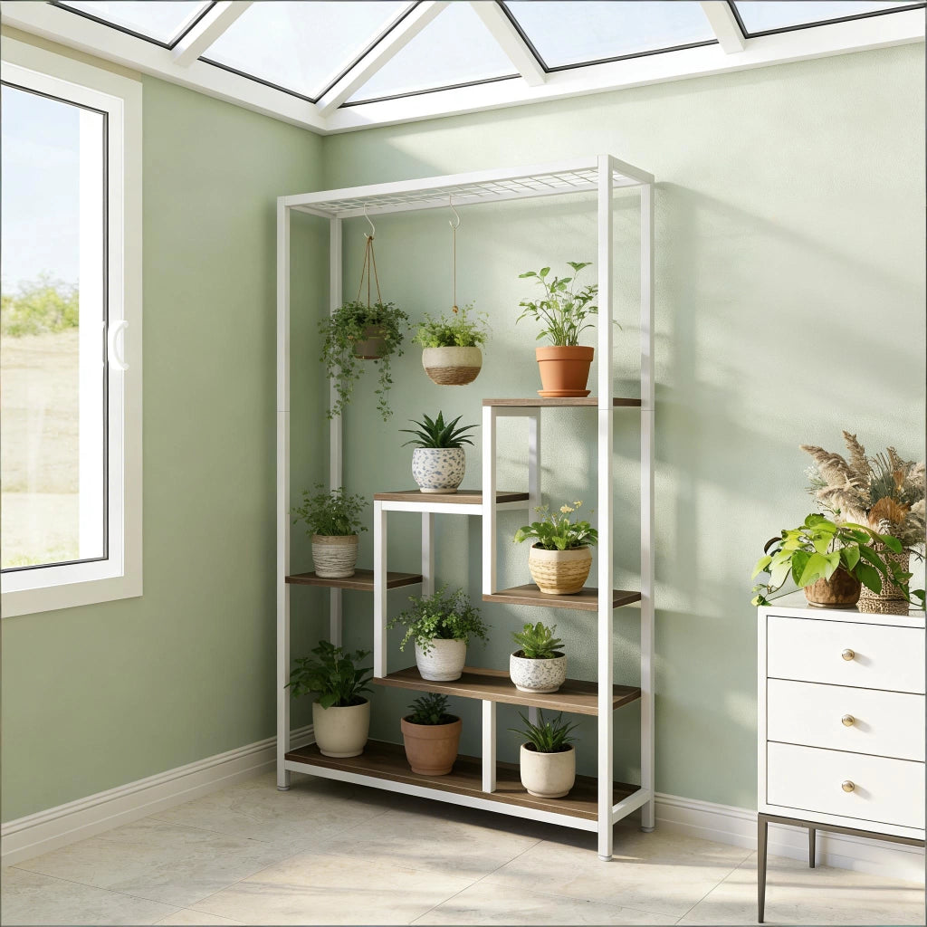 Piantana portavasi a 7 ripiani in metallo e legno, beige e bianco