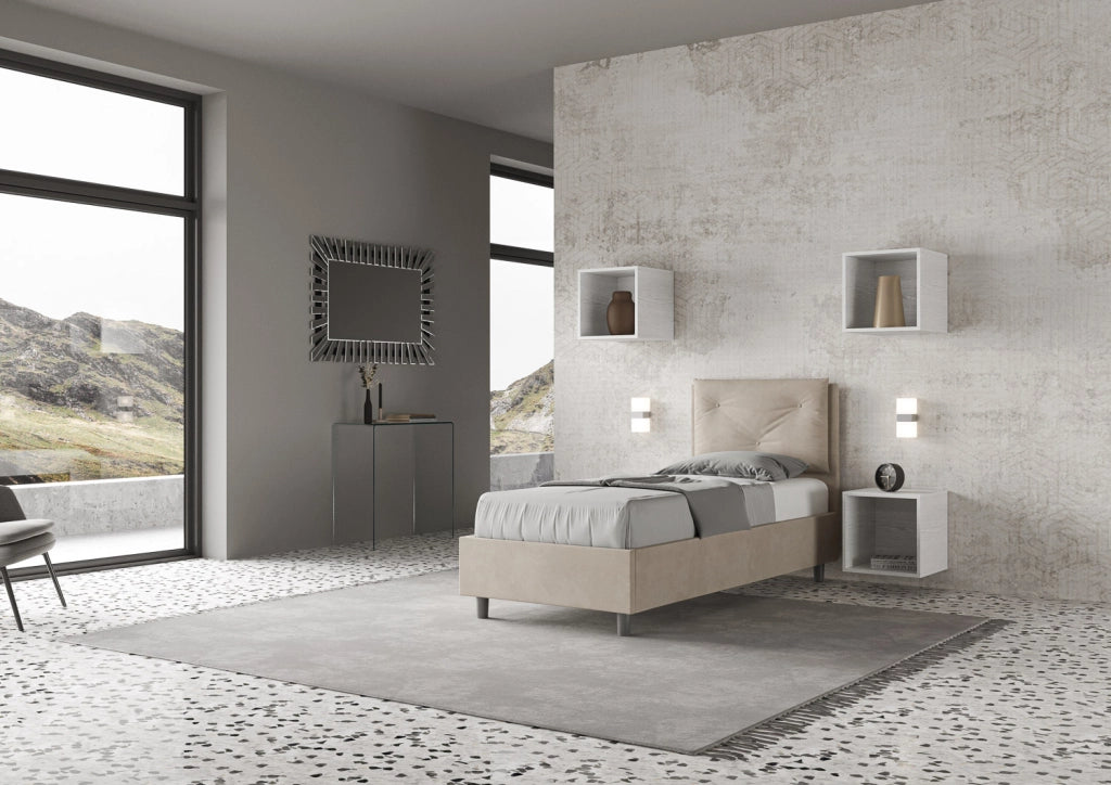 BS COM Letto singolo contenitore imbottito 80x190 microfibra sabbia