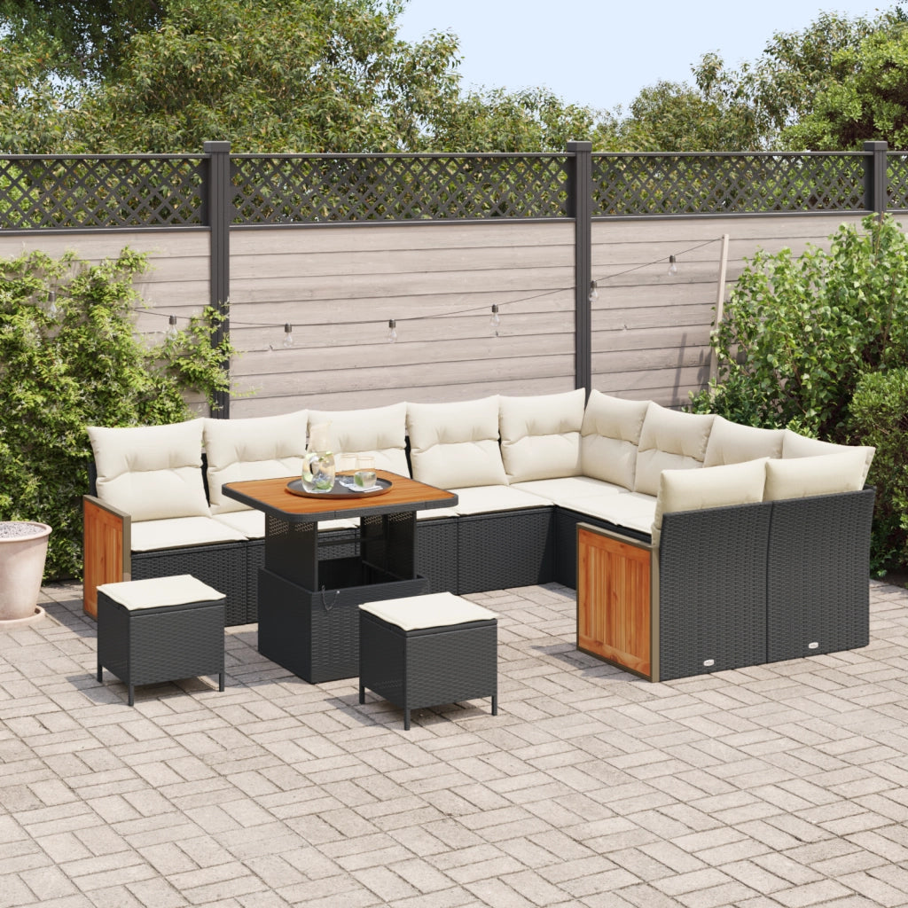 Set Divano Giardino 12 Pezzi con Cuscini Nero Polyrattan Acacia